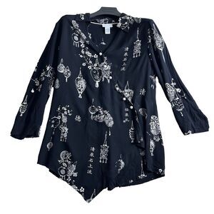 Soft Surroundings Womens Tunic Top M Asymmetrical Black Lantern Print Rayon Boho